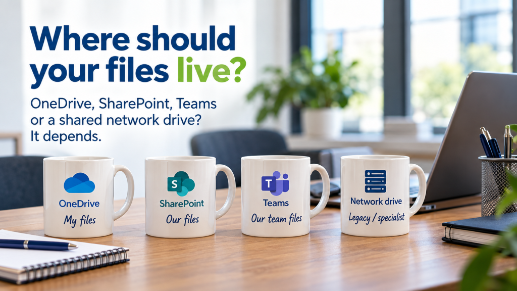Microsoft 365 file storage concept showing OneDrive, SharePoint, Teams and a shared network drive in a modern office setting.
